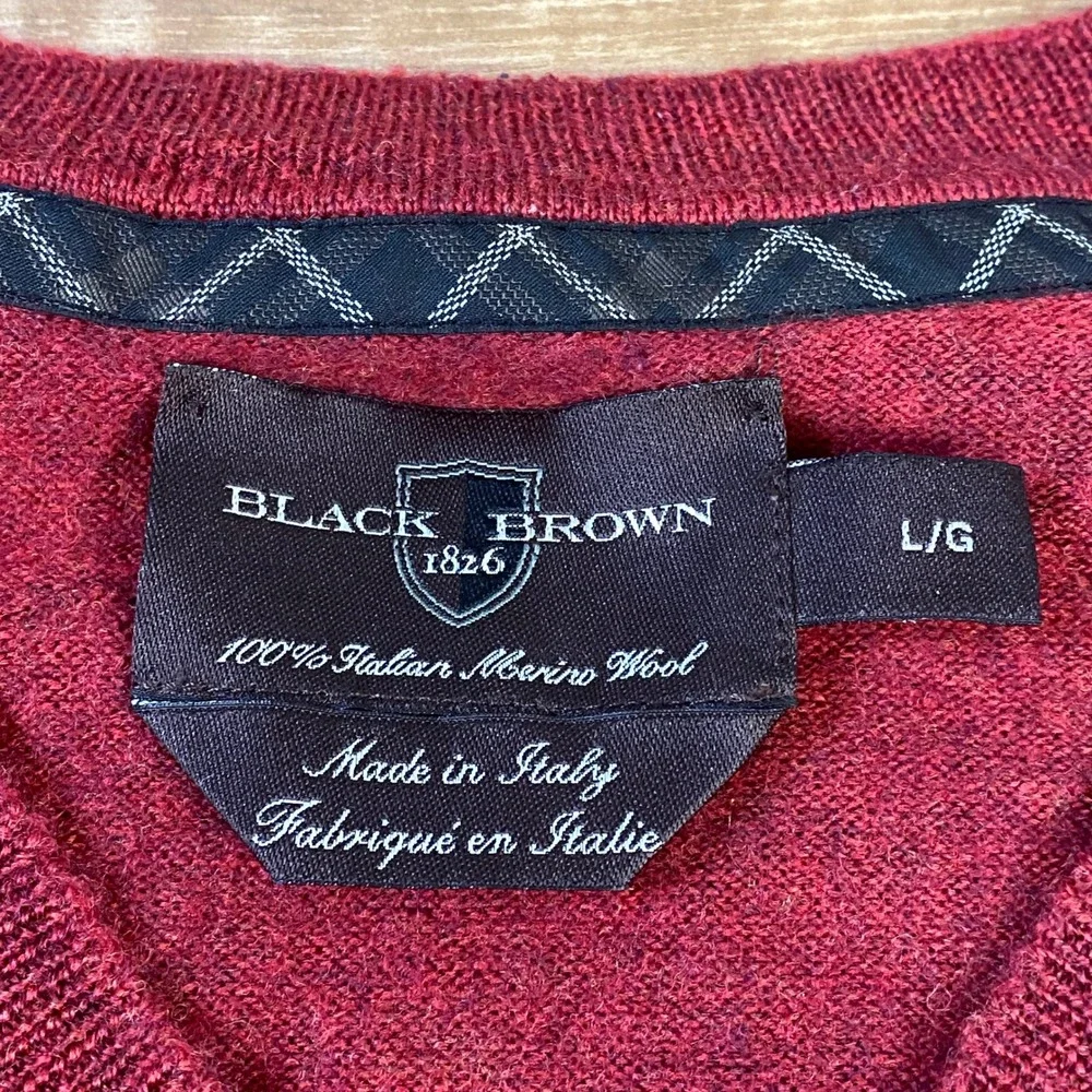 Black Brown 1826 Sweater Men L Merino Wool V-Neck Burgundy Italy Minimalist